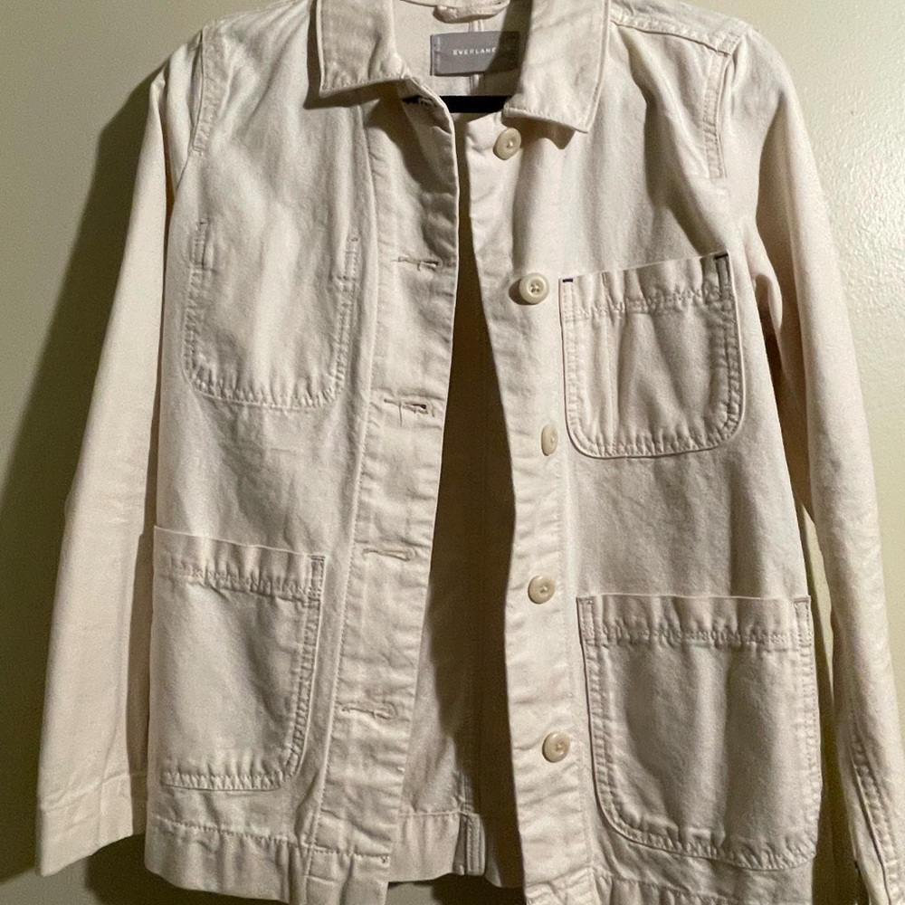 Everlane classic beige denim jacket in XS but runs large.